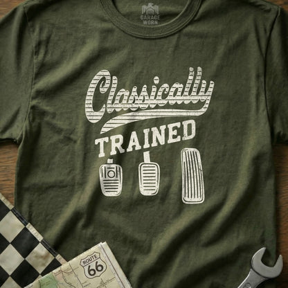 Olive green t-shirt with "Classically TRAINED" text and pedal graphic.