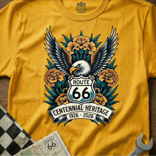 Route 66 Centennial Heritage eagle and floral design on yellow t-shirt.