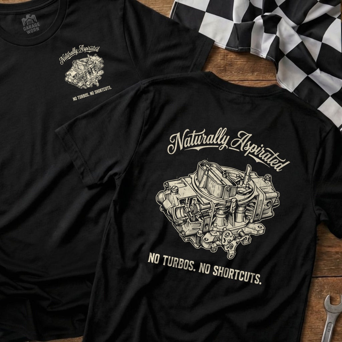 Black t-shirt with "Naturally Aspirated NO TURBOS. NO SHORTCUTS." text and carburetor graphic.