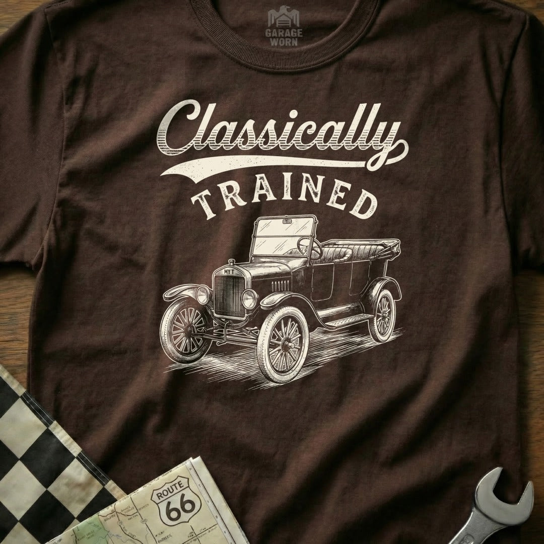 T-shirt with "Classically TRAINED" text, vintage car illustration, and Route 66 map detail.