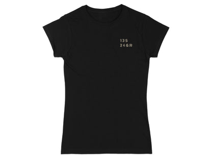 Black t-shirt with grey text "135 246R" on the upper left chest.