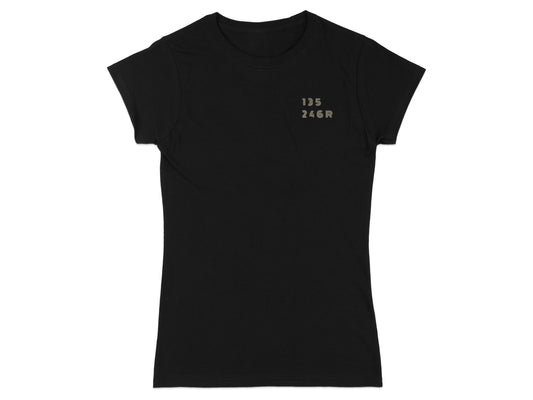 Black t-shirt with grey text "135 246R" on the upper left chest.