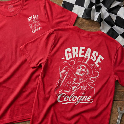 Red t-shirt with white "Grease is my Cologne" graphic of a skeleton in a suit.