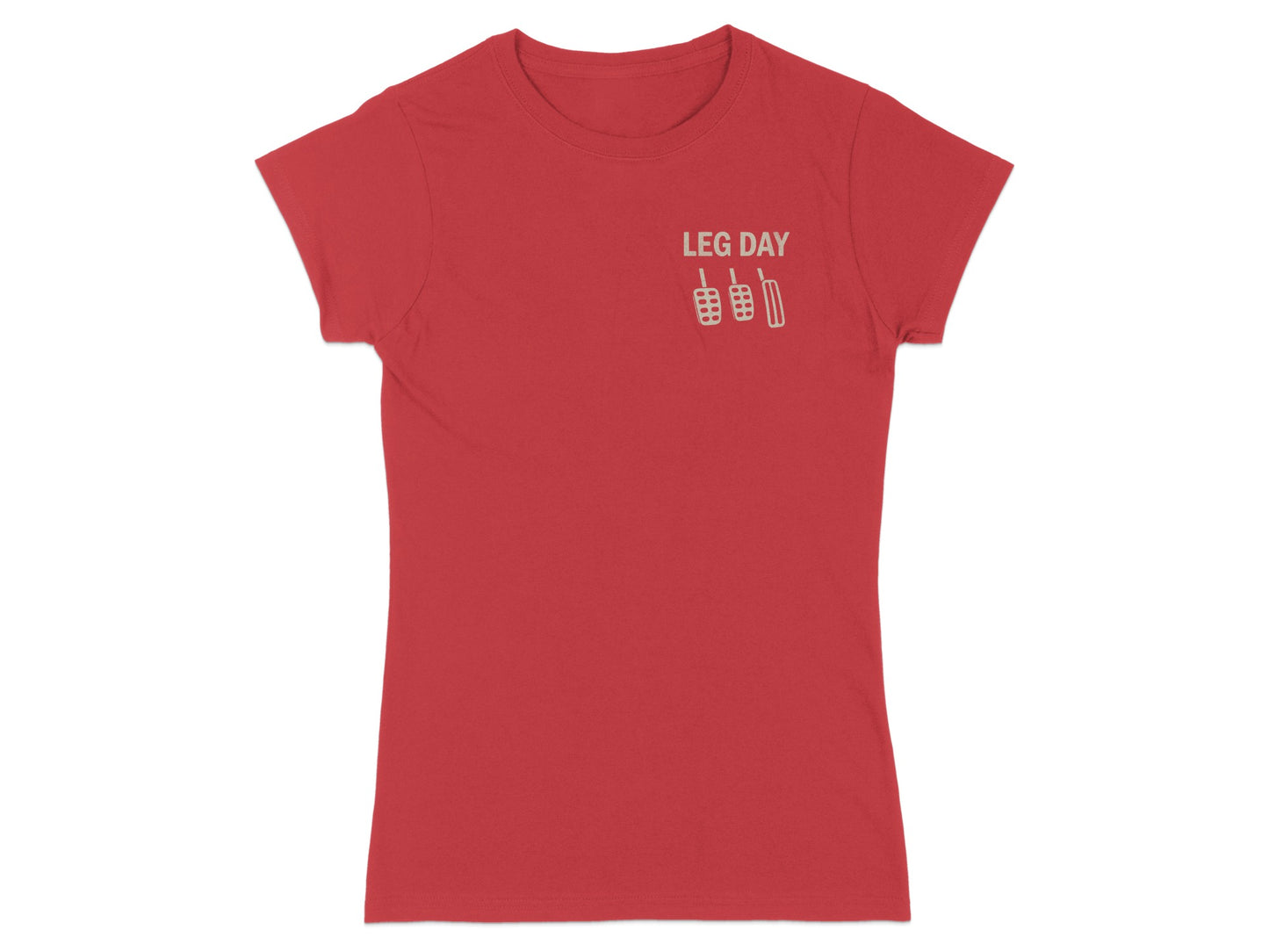 Red t-shirt with "LEG DAY" text and pedal graphic.