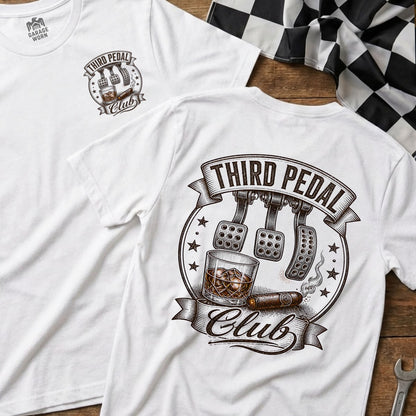 White t-shirt with "Third Pedal Club" graphic featuring car pedals, whiskey, and cigar.