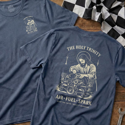 Two blue t-shirts with "The Holy Trinity Air Fuel Spark" graphic.