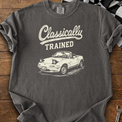 T-shirt with "Classically TRAINED" text and a sketch of a classic convertible car.