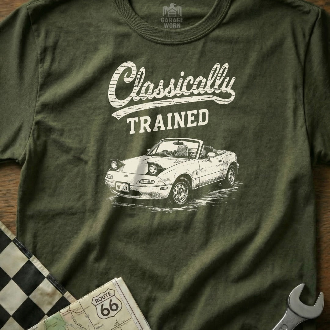 Olive t-shirt with "Classically TRAINED" and a sketch of a white convertible Miata.