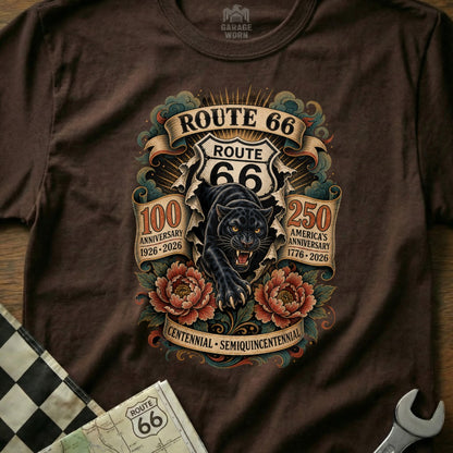Route 66 centennial celebration graphic with a black panther, flowers, and anniversary dates.
