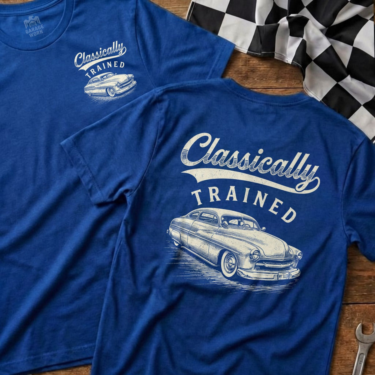 Blue t-shirt with "Classically Trained" text and vintage car graphic.