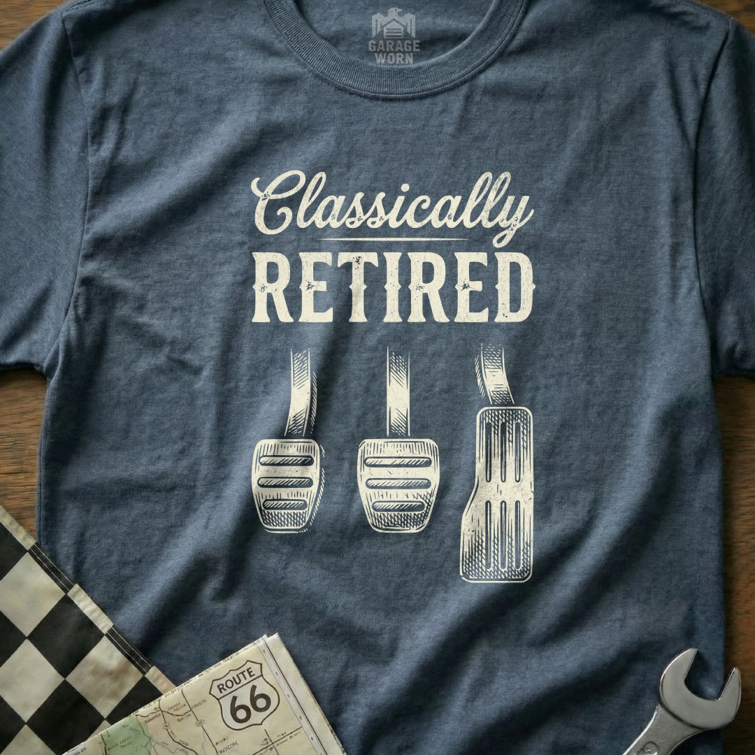 T-shirt with "Classically Retired" and three pedals graphic.