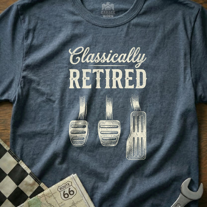 T-shirt with "Classically Retired" and three pedals graphic.