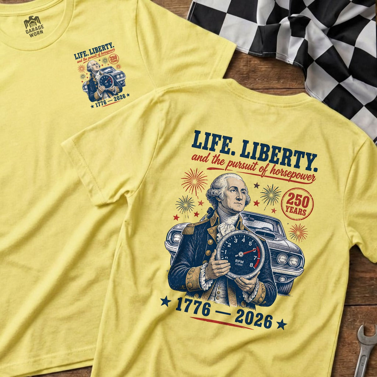 Yellow t-shirt with George Washington holding speedometer, car, and text.
