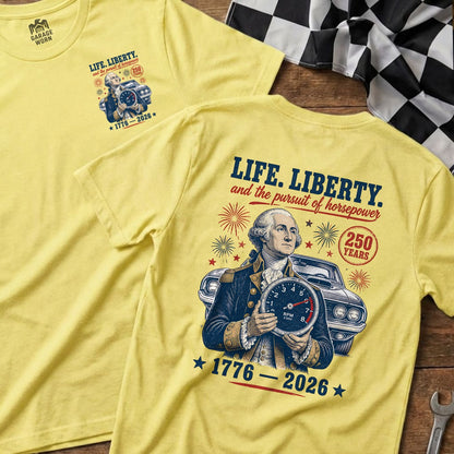 Yellow t-shirt with George Washington holding speedometer, car, and text.