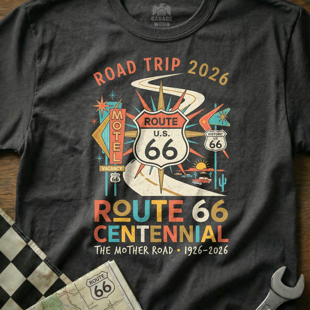 T-shirt design for Route 66 Centennial, featuring vintage motel and desert graphics.