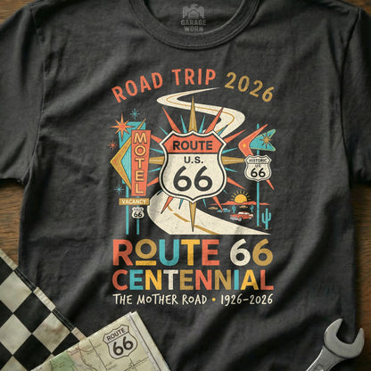 T-shirt design for Route 66 Centennial, featuring vintage motel and desert graphics.