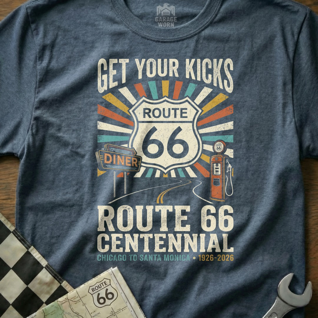 Route 66 Centennial graphic tee with "Get Your Kicks" and gas station imagery.