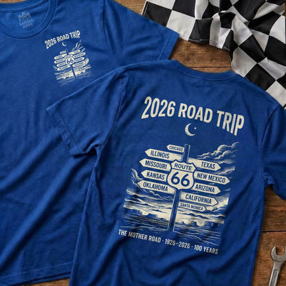 Blue t-shirt with "2026 ROAD TRIP" and Route 66 destinations.