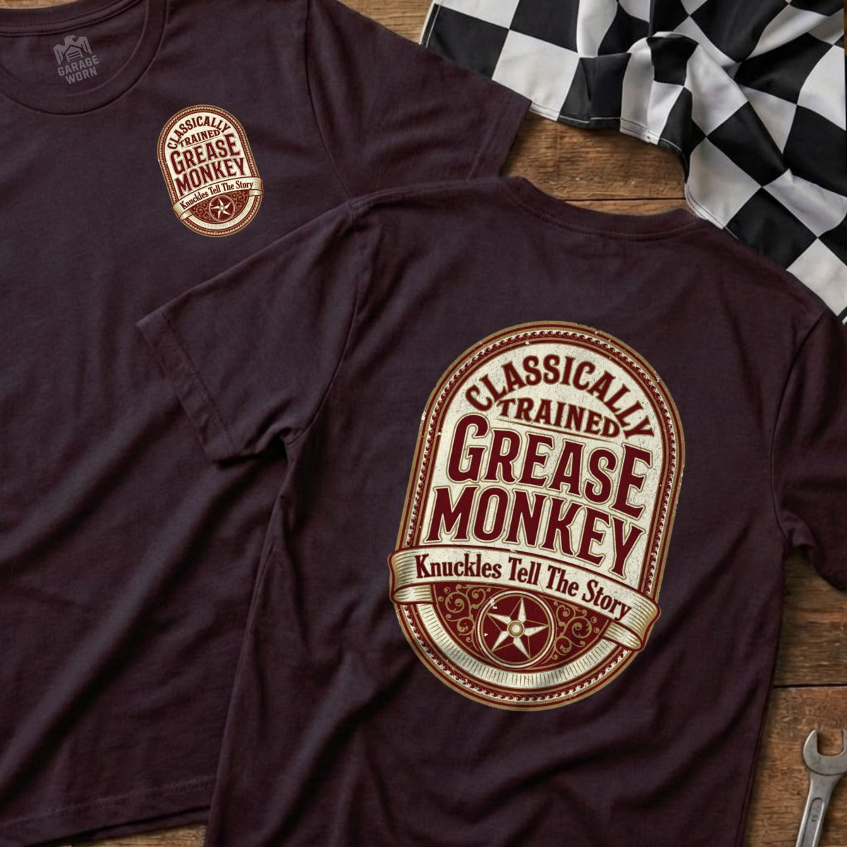 Maroon t-shirt with "Classically Trained Grease Monkey" text and emblem.