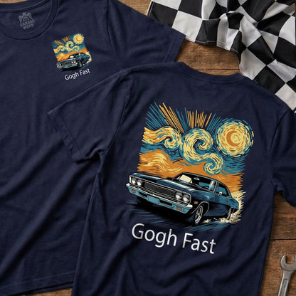 Navy t-shirt with a dark blue classic car driving through a swirling yellow and blue starry sky.