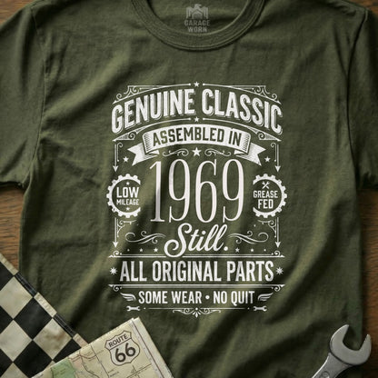 Olive green t-shirt with "Genuine Classic Assembled in 1969" text.