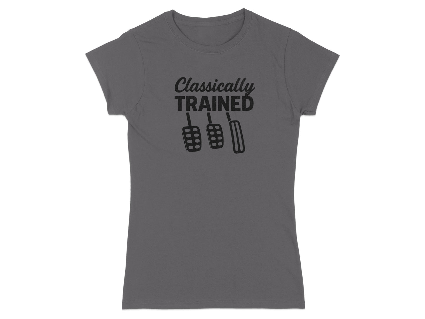 Dark gray t-shirt with "Classically Trained" and pedal graphic.