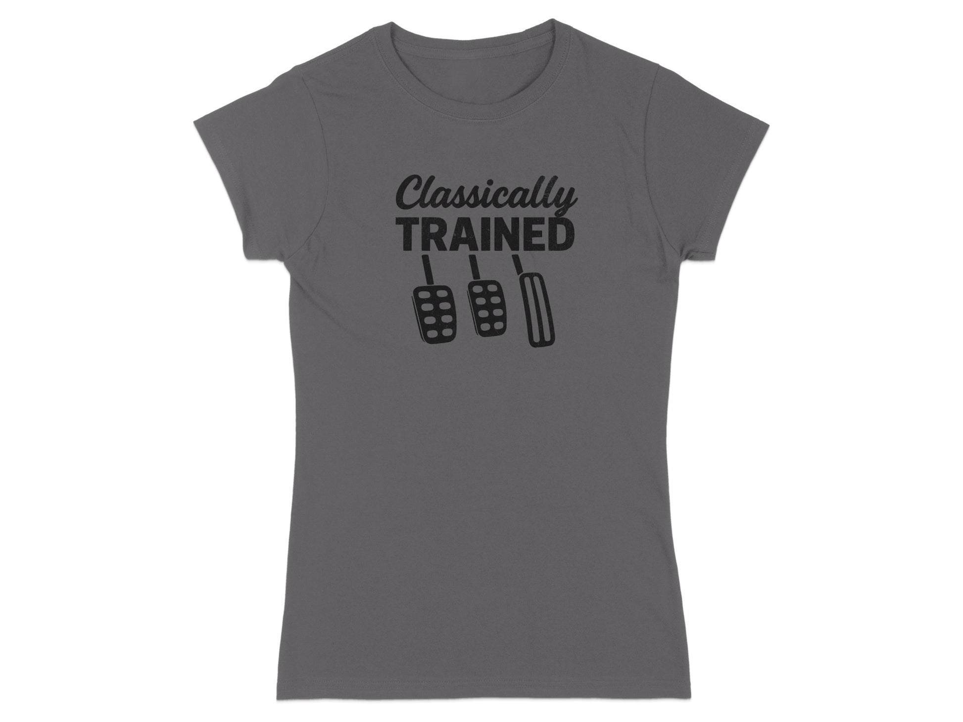 Dark gray t-shirt with "Classically Trained" and pedal graphic.