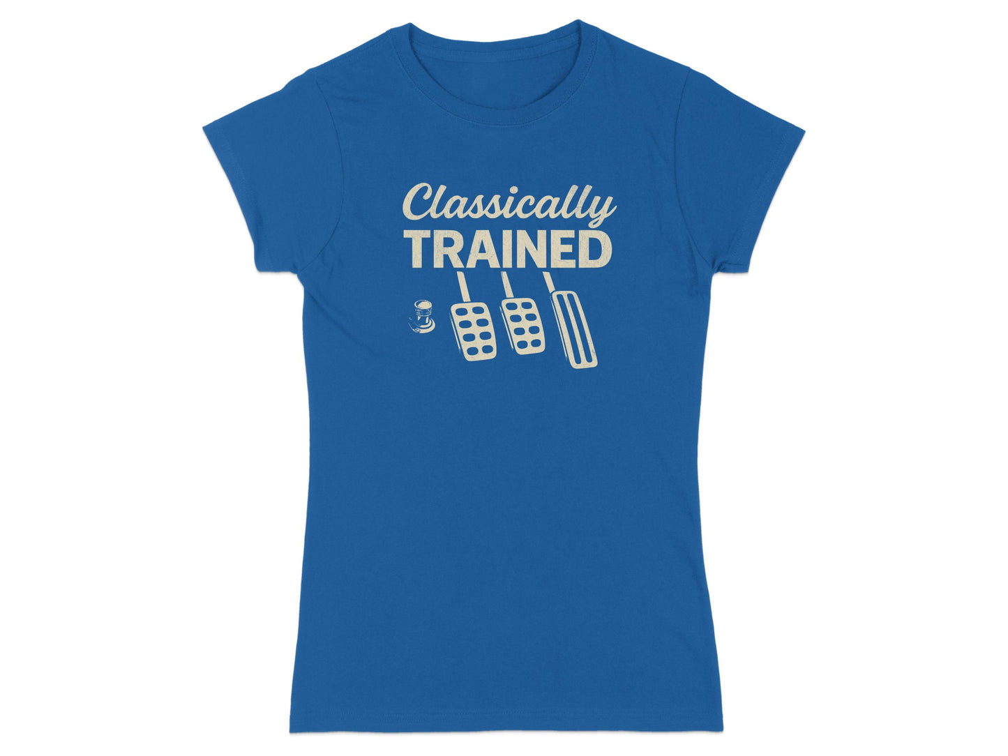 Blue t-shirt with "Classically Trained" text and clutch, brake, and gas pedals graphic.