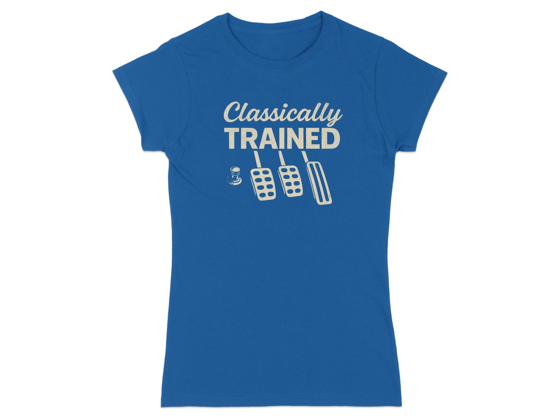 Blue t-shirt with "Classically Trained" text and clutch, brake, and gas pedals graphic.