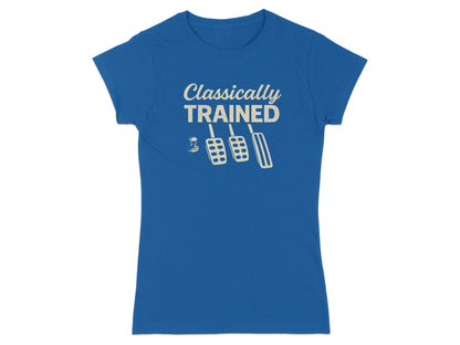 Blue t-shirt with "Classically Trained" text and clutch, brake, and gas pedals graphic.