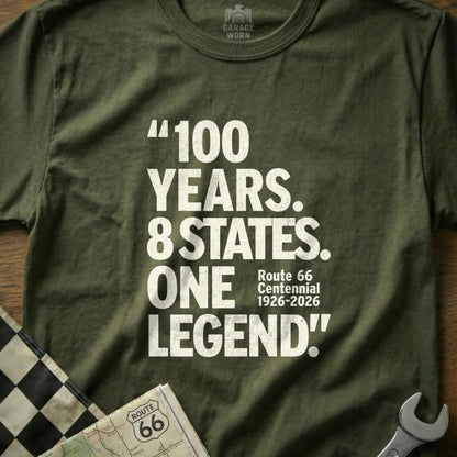 Olive green t-shirt with "100 YEARS. 8 STATES. ONE LEGEND!" Route 66 text.