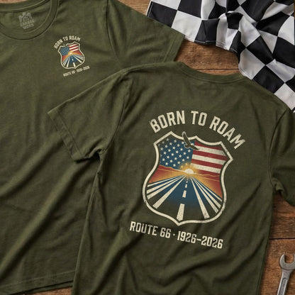 Two olive green t-shirts with "Born to Roam Route 66" shield graphic.