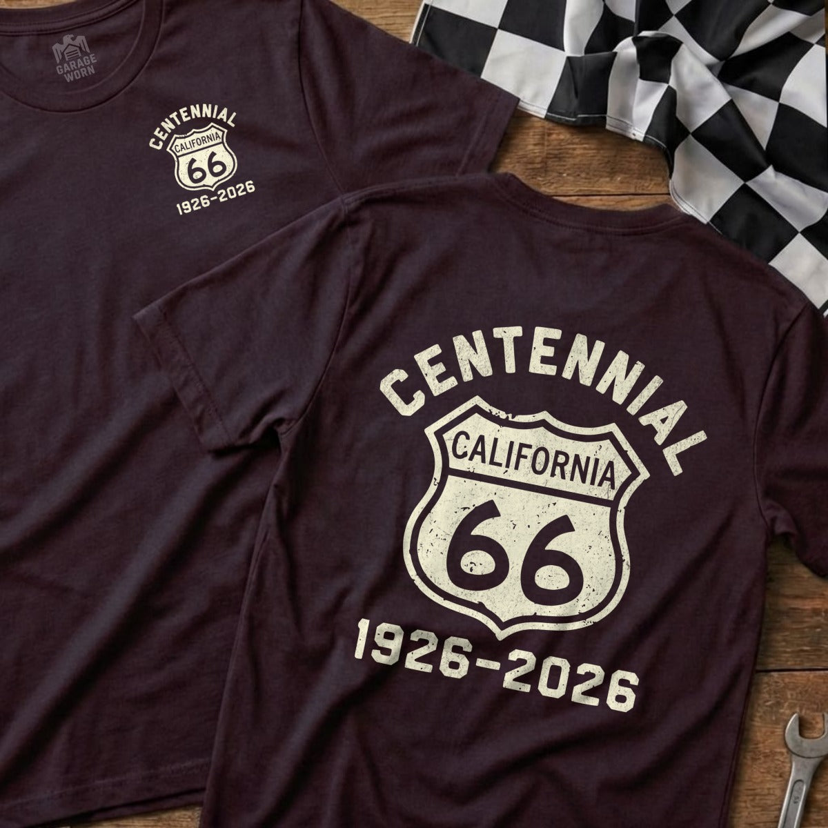 Burgundy t-shirt with "Centennial California 66 1926-2026" text.