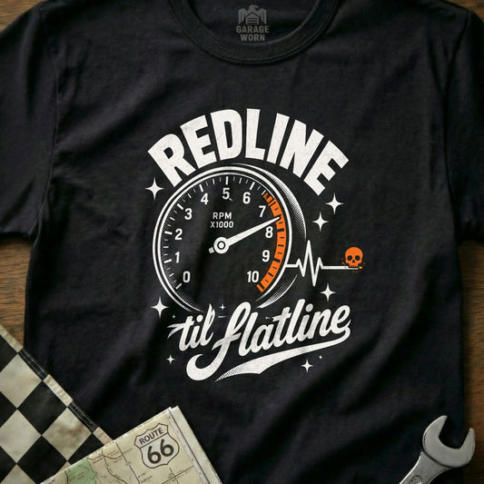 Black t-shirt with "REDLINE til flatline" graphic featuring a tachometer and skull.