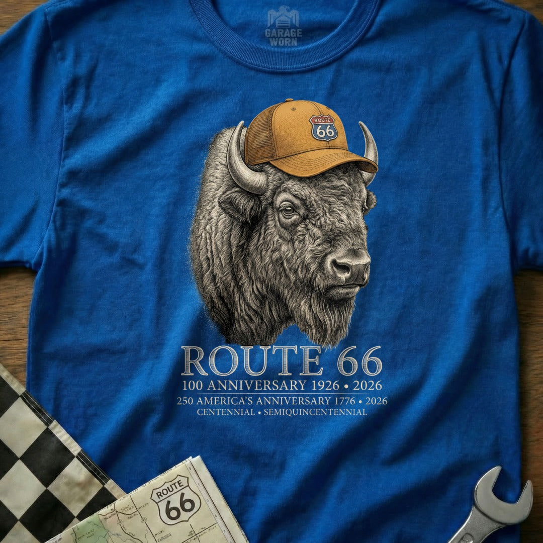 Blue t-shirt with a bison wearing a Route 66 hat and anniversary text.