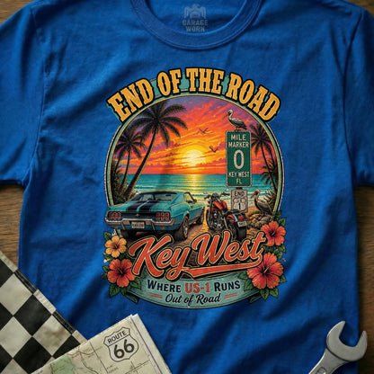 Key West t-shirt design with classic car, motorcycle, and sunset over ocean.