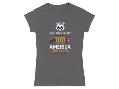 Grey t-shirt with Route 66 100th Anniversary and 250 Years 1776-2026 graphics.