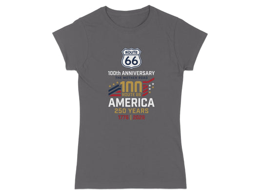 Grey t-shirt with Route 66 100th Anniversary and 250 Years 1776-2026 graphics.