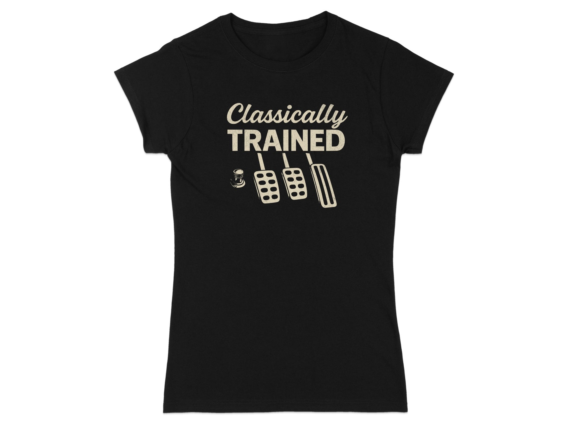 Black t-shirt with "Classically TRAINED" and clutch, brake, gas pedals.