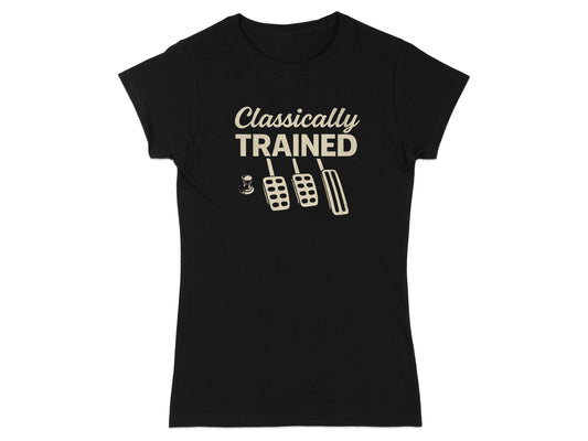 Black t-shirt with "Classically TRAINED" and clutch, brake, gas pedals.