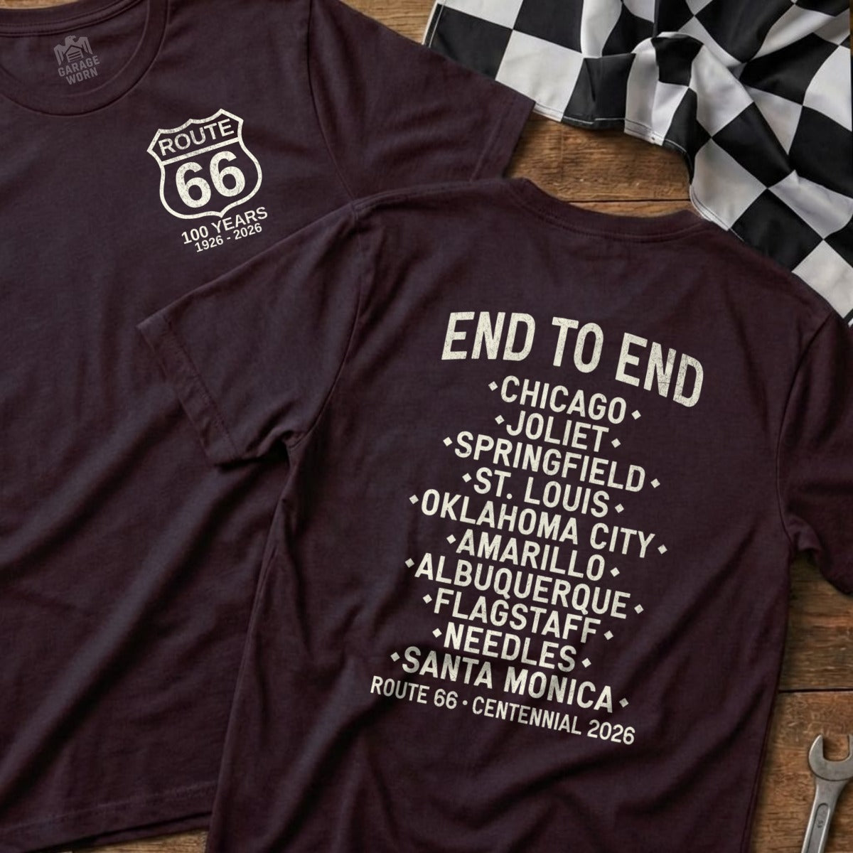 Maroon t-shirt with Route 66 logo and list of cities for the centennial celebration.