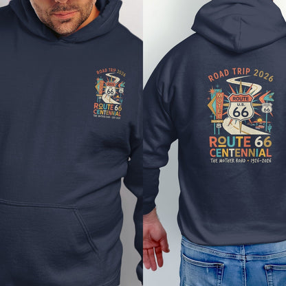 Front and back graphic of a Route 66 Centennial Road Trip 2026 hoodie.