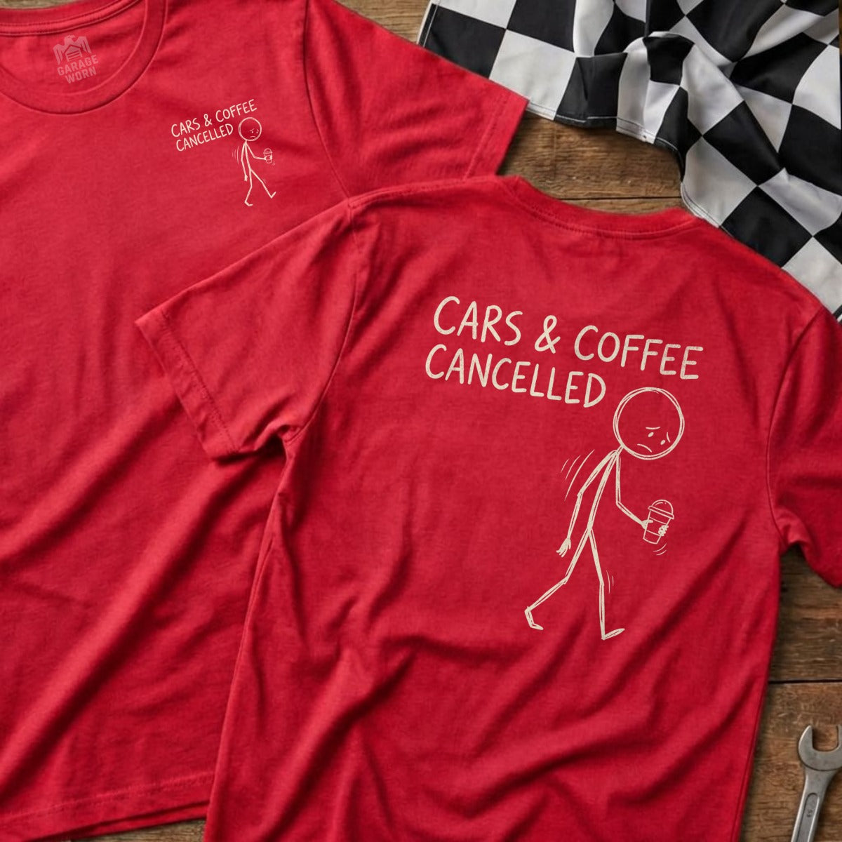Red t-shirts with "Cars & Coffee Cancelled" text and a sad stick figure.