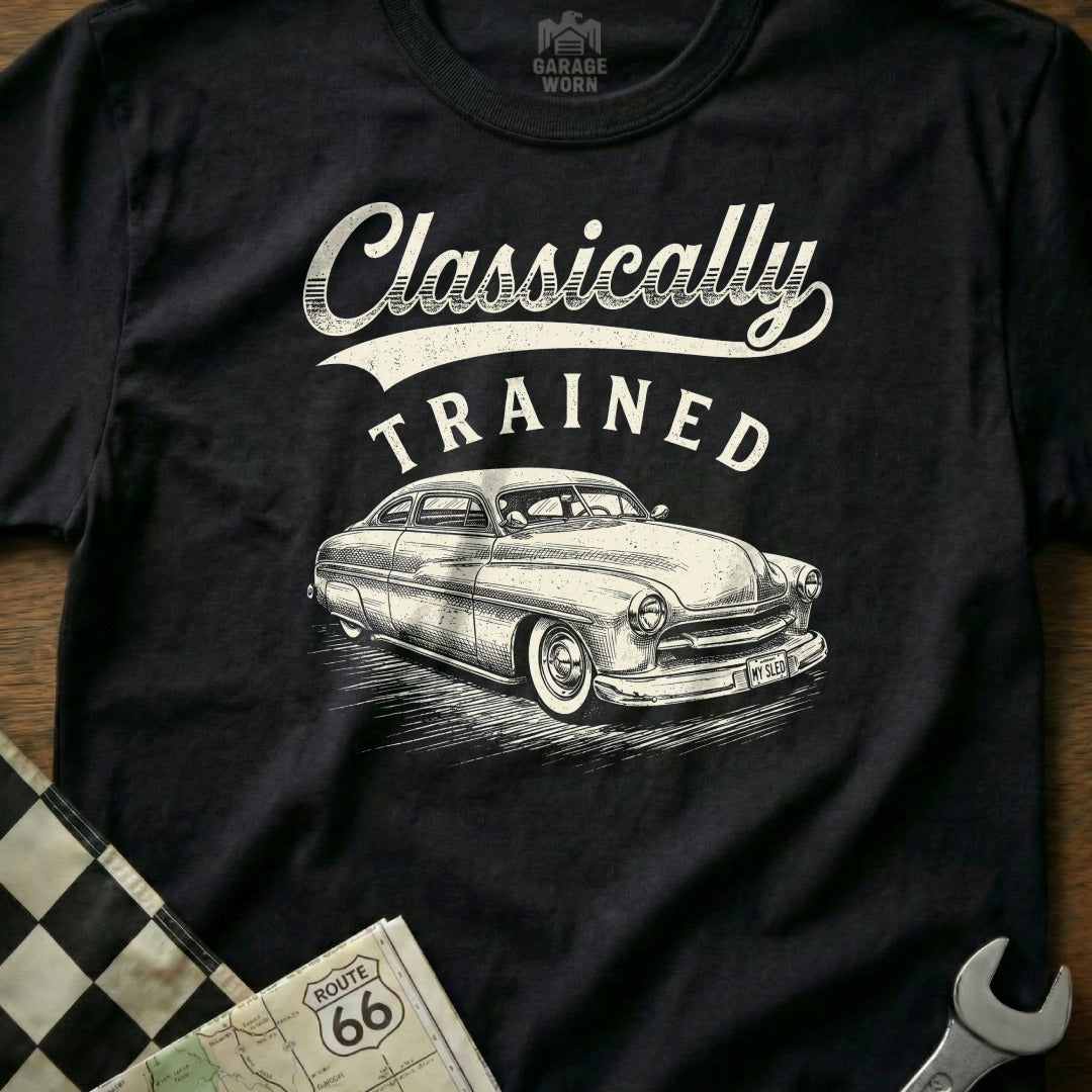 Black t-shirt with "Classically TRAINED" text and a vintage car illustration.