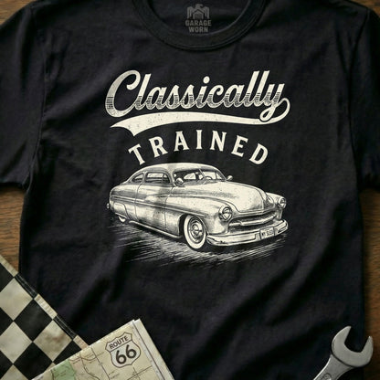 Black t-shirt with "Classically TRAINED" text and a vintage car illustration.