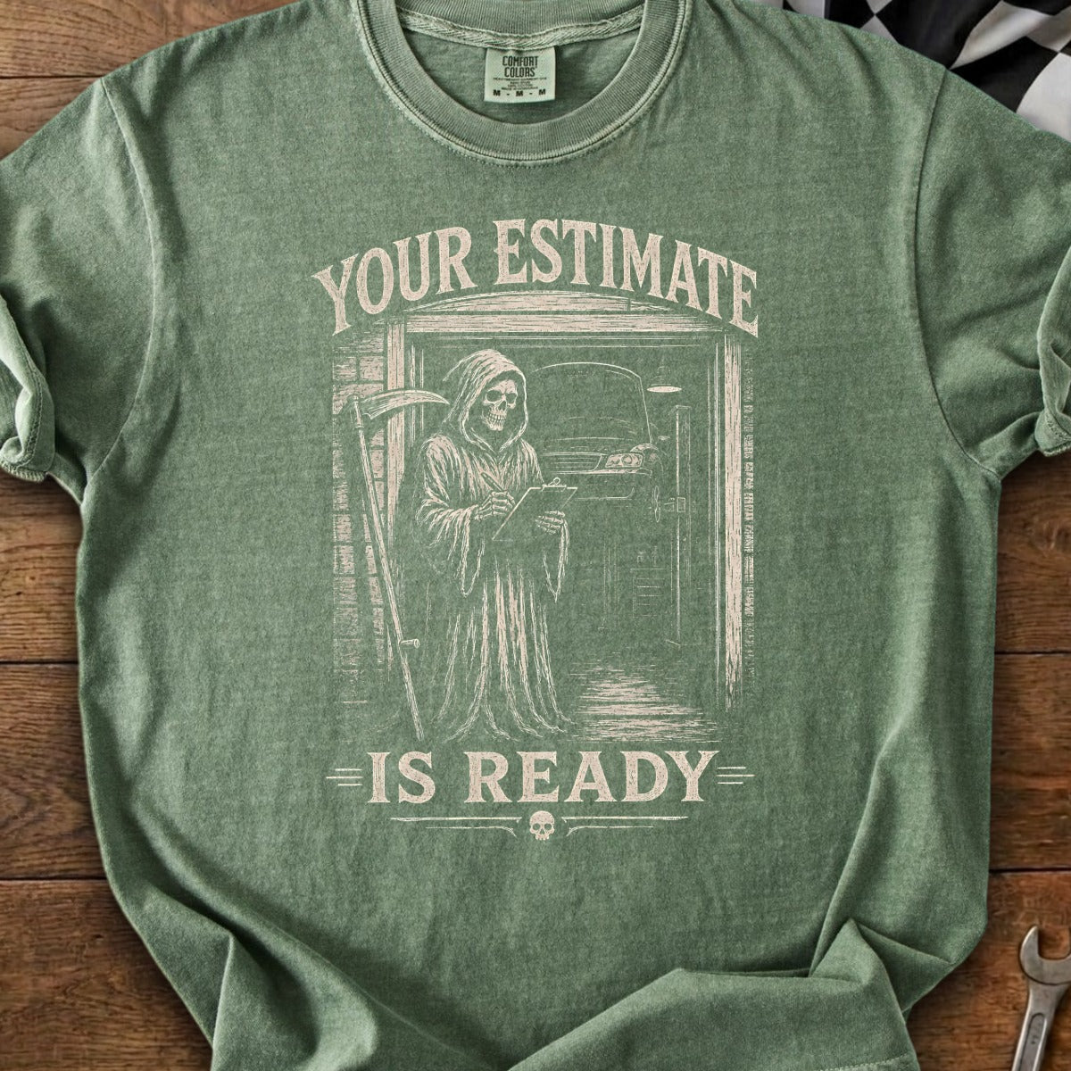 Grim Reaper in a garage holding a clipboard with text "YOUR ESTIMATE IS READY".