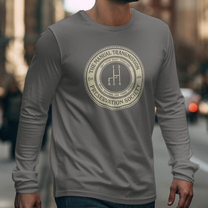 Manual Transmission Preservation Society logo with gear shift on grey long-sleeve shirt.