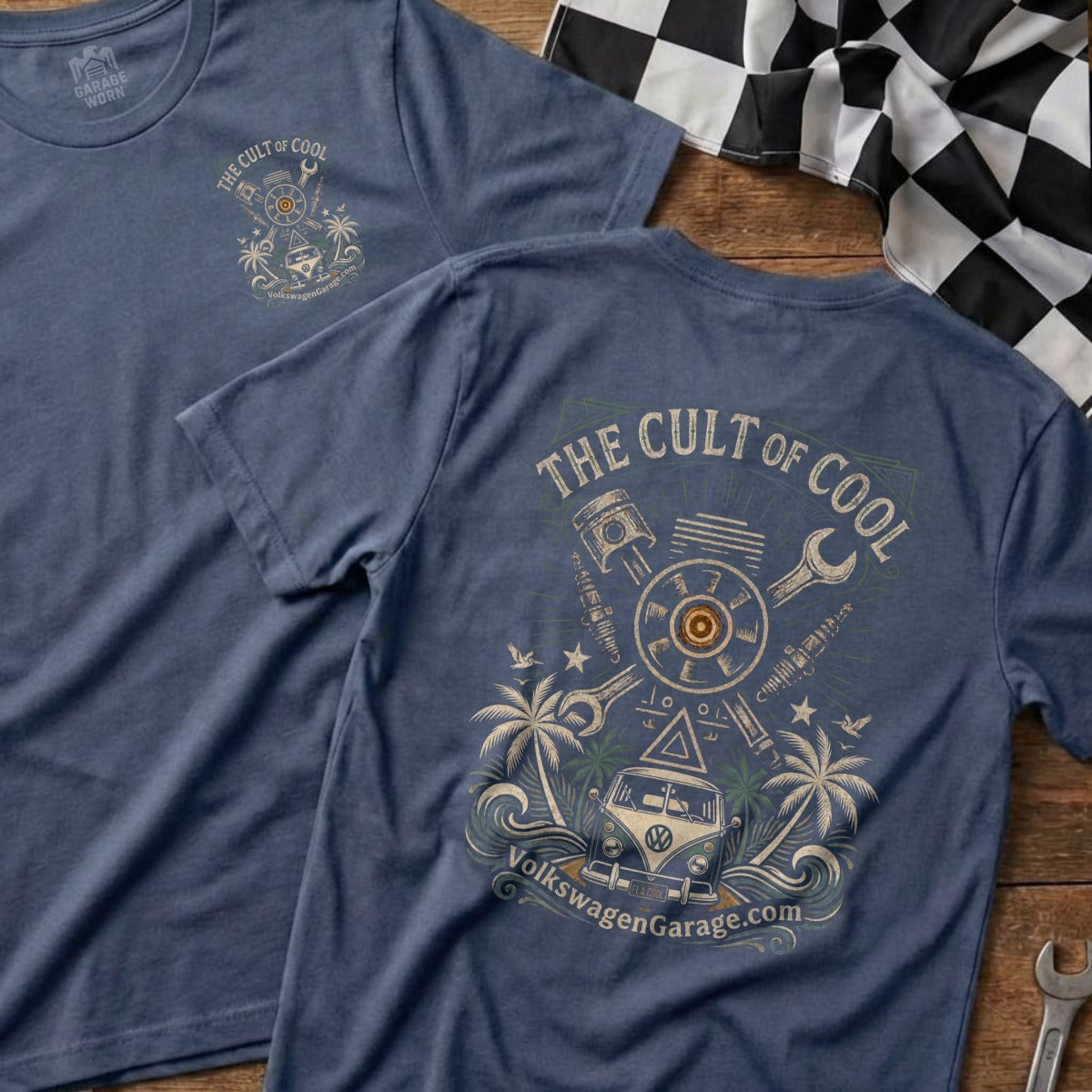 Blue t-shirt with "The Cult of Cool" text and vintage VW van graphic.