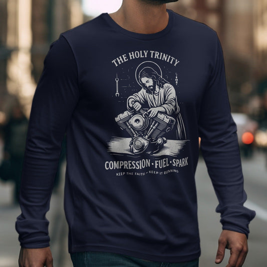 Navy long-sleeve shirt with Jesus working on a motorcycle engine graphic.
