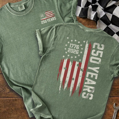 Green t-shirts with distressed American flag graphic and "250 YEARS" text.